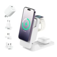 Alogic Qi Charging & Powerbank Matrix+ 5000mAh 3-in-1 Fast Charging 7.5W USB-C Apple Watch Charger 2W 35W Wall Charger with Travel Plug Adapters Kickstand MagSafe - White