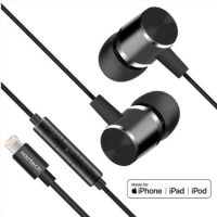 Naztech Earbuds Lightning MFI Wired Platinum In Line Mic & Controls Hifi Digital Audio Dynamic Bass Aircraft Grade Aluminum - Black