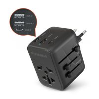 HyperGear World Travel Adapter 3 Port 2x USB-A 1x USB-C (15W) 100-250 VAC 4 Integrated International Plugs - Black