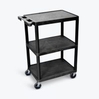 Luxor AV Cart 24in Molded Plastic 3 Shelves Flat Shelf HDPE (high-density polyethylene) up to 300lbs Casters with Locking Ergonomic Push Handle - Black