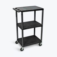 Luxor AV Cart 24in Molded Plastic 3 Shelves up to 300lbs 42in High Rugged Heavy Duty Casters 3 Outlet 15ft Surge Cord Included - Black