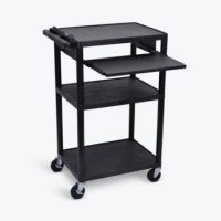 Luxor AV Cart 24in Molded Plastic with Keyboard Tray 3 Shelves up to 300lbs 42in High Rugged Heavy Duty Casters - Black